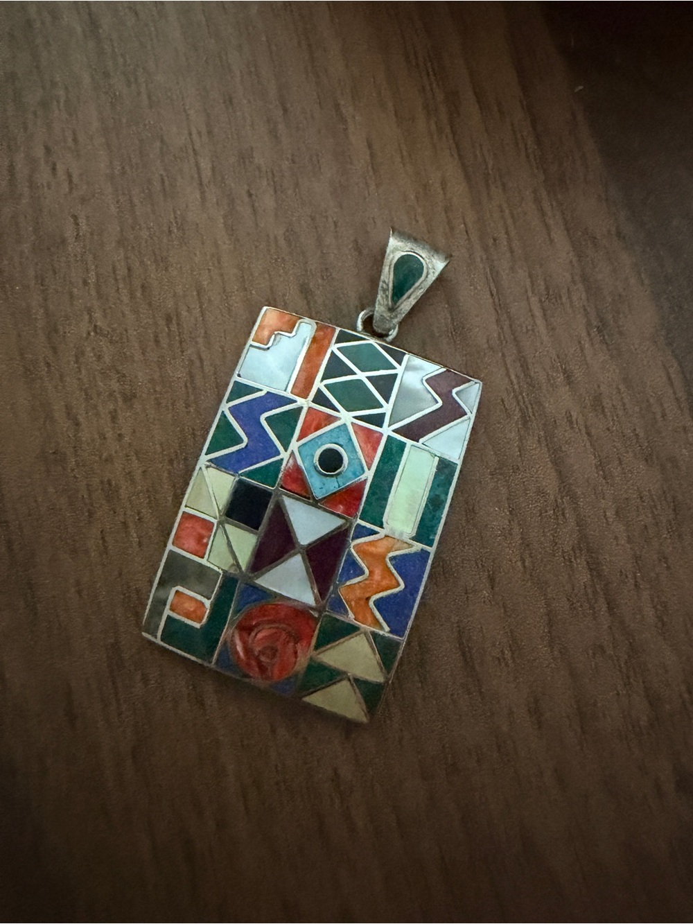 950 silver Peruvian vtg Colorful Geometric Inlay Pendant - Multicolor Enamel